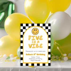 Five Is A Vibe 5th Birthday Retro Smiley Face Invitation
