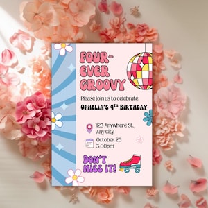 Four-Ever Groovy 4th Birthday Invitation