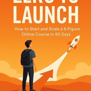Peut inclure: Couverture de livre avec le titre "ZERO TO LAUNCH" en grandes lettres blanches sur fond orange. L'image présente une personne avec un sac à dos regardant une fusée qui décolle. Le texte en dessous indique "How to Start and Scale a 6-Figure Online Course in 90 Days."