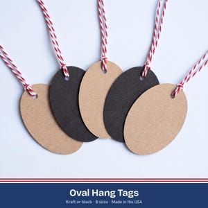 Oval Hang Tags, Oval Shaped Kraft or Black Cardstock Tags, Blank Retail Gift and Price Tags, 8 Sizes, Made in USA
