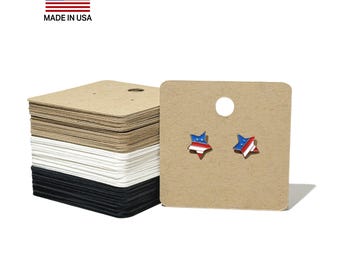 Cartes de présentation pour boucles d'oreilles – Carrées 2 x 2 po. pour clous d'oreilles, un trou, kraft blanc noir, emballage épais, fabriqué aux États-Unis