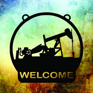 May include: A black metal silhouette of an oil derrick inside a circle with the word "WELCOME" below. The background is a faded, textured, blue, green, and yellow color.