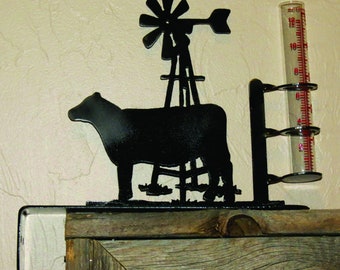 Cow and windmill rain gauge / Cattle yard decoration/ Weather station/ Buyer gift / Patio, garden decor. / Father's gift / ST1