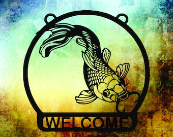 Metal plasma cut Koi fish pond sign or yard stake.  Great garden decoration.