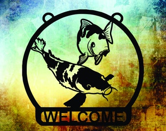 18&quot; or 15&quot; wide plasma cut metal Koi fish pond hanging sign or yard stake.  Great garden decoration.