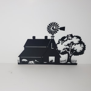18&quot; Metal plasma cut farm barn design / Yard stake or wall art / Indoor or Outdoor / Windmill farm scene / Metal art / Housewarming gift /