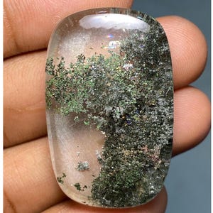 Cabochão de quartzo verde lodolita para jardim, quartzo fantasma superior, pedra preciosa solta polida de um lado para joalheria, pedra prateada (83,20 cts 37x23x10 mm)