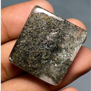 Grüner Lodolith Gartenquarz cabochon, Phantomquarz oben Einseitiger polierter loser Edelstein für Schmucksilberstein (65.30 Cts 27x27x9 mm)