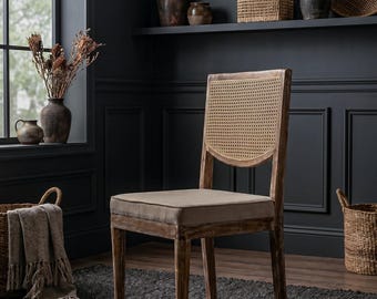 Upholstered Cane Back Dining Chair | Whitewashed Solid Wood Frame, Coastal Hampton's Style