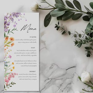 LNS, Plantilla de menú de flores silvestres, Menú de flores bohemias, Menú para fiestas en el jardín, Menú de bodas, Floral moderno bohemio, DESCARGA INSTANTÁNEA, Floral, Tarjeta delgada
