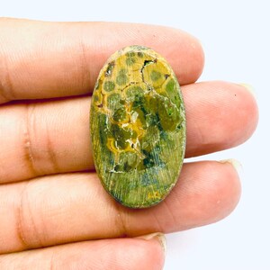 May include: An oval gemstone featuring a distinctive pattern of green, yellow, and brown tones. The stone's surface has a textured appearance with a blend of colours, creating a natural aesthetic. The gemstone is held in a hand.