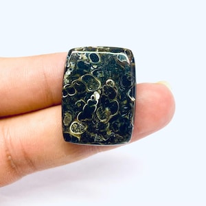 May include: A rectangular gemstone with a dark green base color and a pattern of lighter green, white, and gold-colored circular and oval shapes. The stone is held by a person's finger.