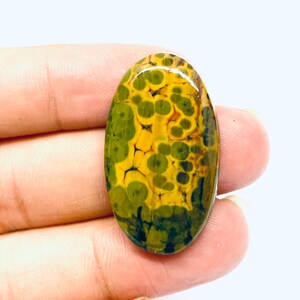 May include: An oval gemstone featuring a distinctive pattern of yellow and green spots. The polished surface of the stone reflects light, accentuating the intricate details of the natural design. The gemstone is held in a hand, demonstrating its size and shape.