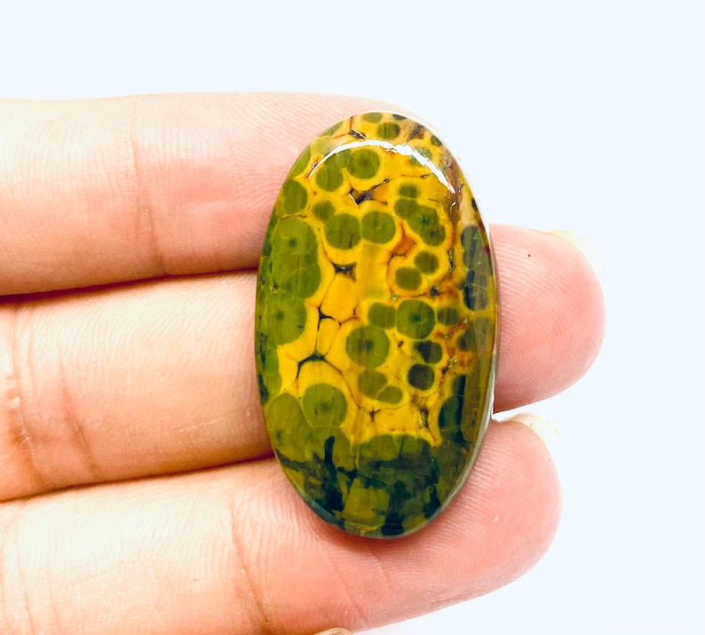 May include: An oval gemstone featuring a distinctive pattern of yellow and green spots. The polished surface of the stone reflects light, accentuating the intricate details of the natural design. The gemstone is held in a hand, demonstrating its size and shape.