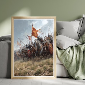 May include: A framed print showing a medieval battle scene. Knights in armour on horseback charge across a grassy field, carrying spears and shields. A large red and gold flag waves in the sky, adding a dramatic element to the artwork.
