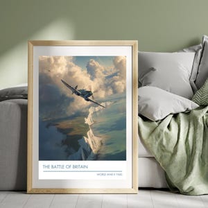 Battle of Britain Poster White Cliffs of Dover Blitz Print WW2 World War 2 Spitfire Luftwaffe RAF Messerschmitt History English Channel Art
