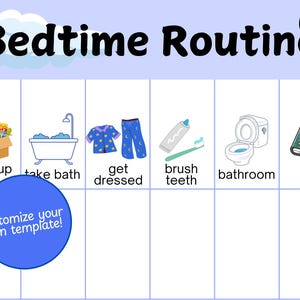Puede incluir: Un cuadro de rutina para la hora de dormir con ilustraciones para cada paso. Incluye imágenes para limpiar los juguetes, bañarse, vestirse, cepillarse los dientes, ir al baño y leer un libro. Las palabras "Bedtime Routine" están en la parte superior.