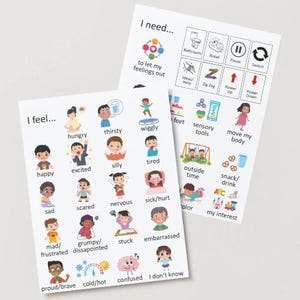 Puede incluir: Dos tarjetas blancas con ilustraciones y texto coloridos. Una tarjeta dice "Me siento..." con imágenes de emociones como feliz, triste y emocionado. La otra tarjeta dice "Necesito..." con imágenes de acciones como "pausa" y "merienda/bebida".