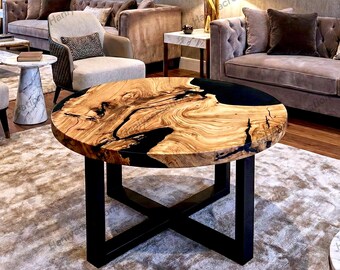 Natural Wood and Black Resin Round Coffee Table – Luxury Live Edge Living Room Furniture