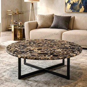 Luxury Black Agate Coffee Table – Handmade Round Gemstone Table for Modern Living Room Decor
