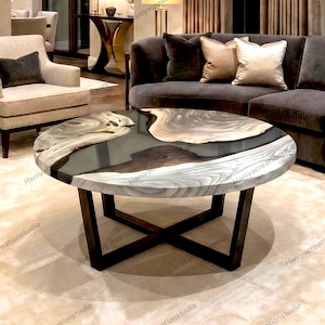 Black Resin River Round Coffee Table with Solid Wood – Modern Custom Made Center Table