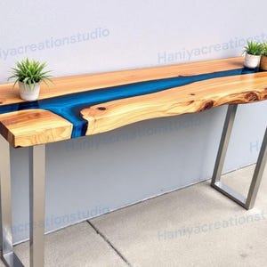 Blue Live Edge Epoxy Console Table, Handmade Wood & Resin Entryway Decor, Modern Artistic Hallway Sofa Table, Rustic Modern Furniture