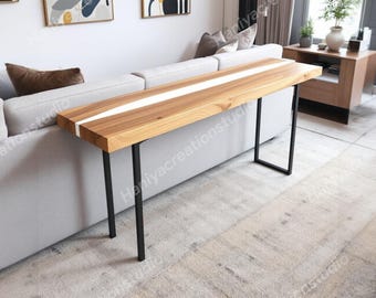 Consola estrecha de resina blanca y madera para sofá / Mesa de entrada y pasillo hecha a medida