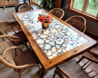 Mesa de comedor de ágata hecha a mano con borde de madera: Decoración de lujo con piedras preciosas