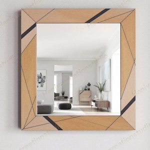Black Epoxy & Wood Square Wall Mirror - Modern Rustic Decor
