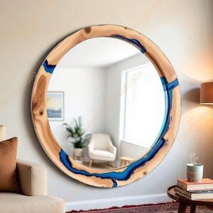 Blue Epoxy Resin & Wood Wall Mirror - Handmade Modern Decor