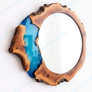 Blue Epoxy Mirror with Live Edge Wood – Modern Coastal Wall Decor, Unique Handmade Wall Art, Rustic Mirror for Living Room or Entryway