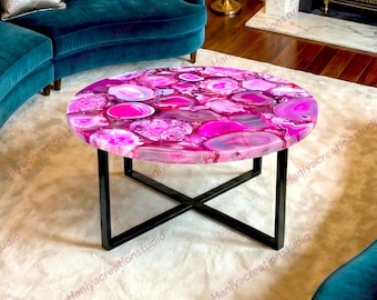 Luxury Pink Agate Round Coffee Table – Custom Made Agate Stone Center Table