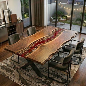 Live Edge Red Resin River Table, Solid Wood Dining Table, Custom Handmade Statement Furniture
