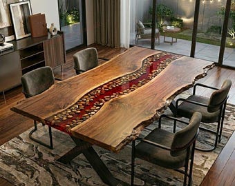 Mesa de comedor de resina roja con borde natural, mesa de comedor de madera maciza, muebles personalizados hechos a mano.