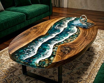 Mesa de centro ovalada de resina y madera con borde natural, estilo costero, decoración inspirada en la playa.