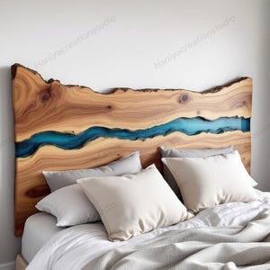 Handcrafted Clear Blue Resin & Live Edge Wood Bed Headboard, Artistic Bedroom Accent, Luxury Bedroom Décor, Live Edge Wooden Accent Piece.