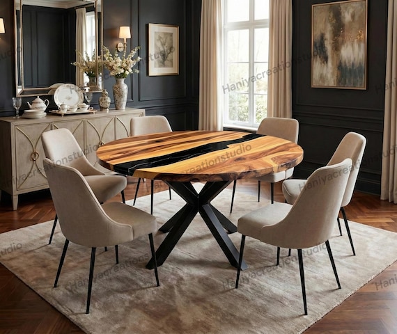 Runder schwarzer Epoxidharz-Holztisch | Luxus Handgefertigter Ess- & Couchtisch