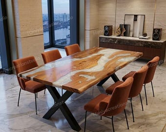 Maßgefertigter Esstisch aus perlweißem Epoxidharz, handgefertigter Luxustisch aus Kunstharz, moderne Landhausmöbel für Ess- und Konferenzbereich