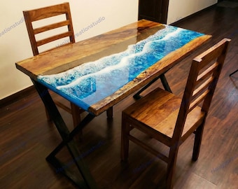 Blue Ocean Wave Epoxy Resin & Wood Rectangle Dining Table – Custom Made Beach Style Table