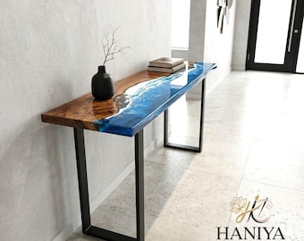 Blue Ocean Epoxy Console Table, Live Edge Walnut Entryway Table, Handmade Narrow Hallway Table, Sofa Table