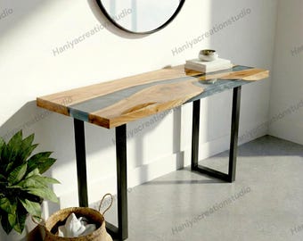 Custom Made Wood & Metallic Gray Resin Console Table | Slim Entryway Hallway Sofa Back Table