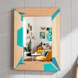 Teal Blue Epoxy Resin & Wood Wall Mirror - Handmade Modern Accent