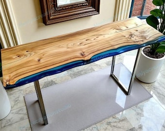 Translucent Blue Epoxy Console Table: Handmade Wood & Resin Entryway Table
