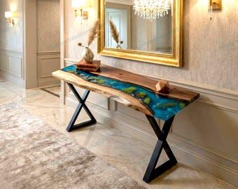Live Edge Wood & Epoxy Narrow Console Table – Modern Entryway Furniture