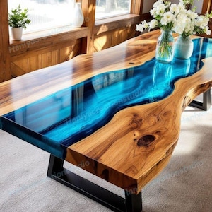 Natural Wood Live Edge Console Table with Blue Epoxy Resin Handmade Interior Décor