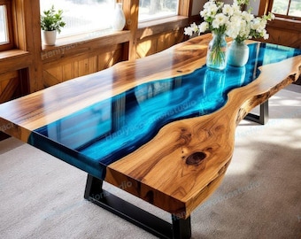 Live Edge wood and Blue Metallic Resin Coffee Table | Handmade