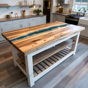 Luxury Blue Resin RiverStones Countertop, Custom Wood and Epoxy Kitchen Island Top, Custom Wood Countertop for Dining and Cooking