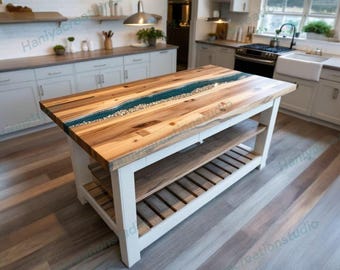 Natural Wood & Resin Riverstone Kitchen Island | Custom Made Live Edge Countertop