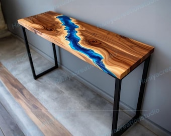 Handmade Ocean Epoxy Resin Console Table: Narrow Entryway Furniture, Wood console