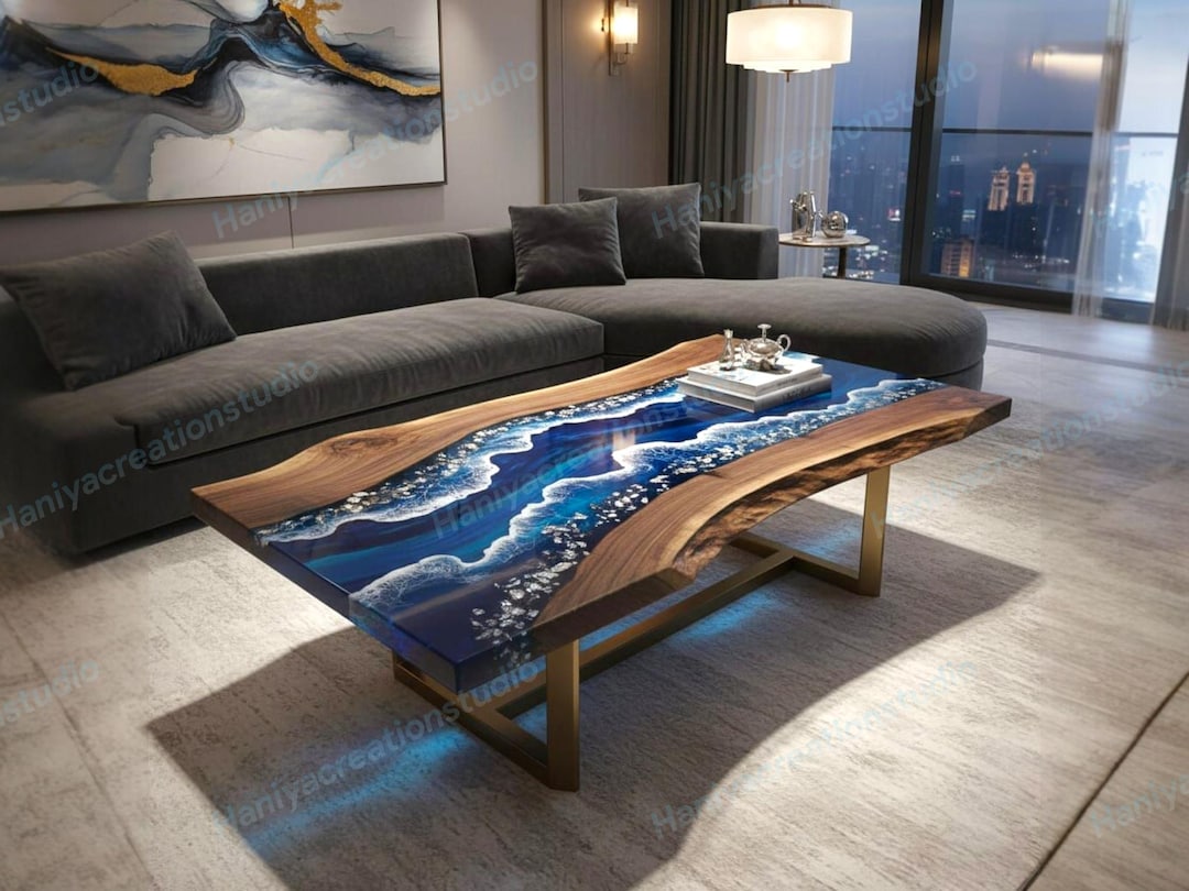 Handmade Ocean Wave Epoxy Resin Art Coffee Table - Live Edge Wood Sofa ...